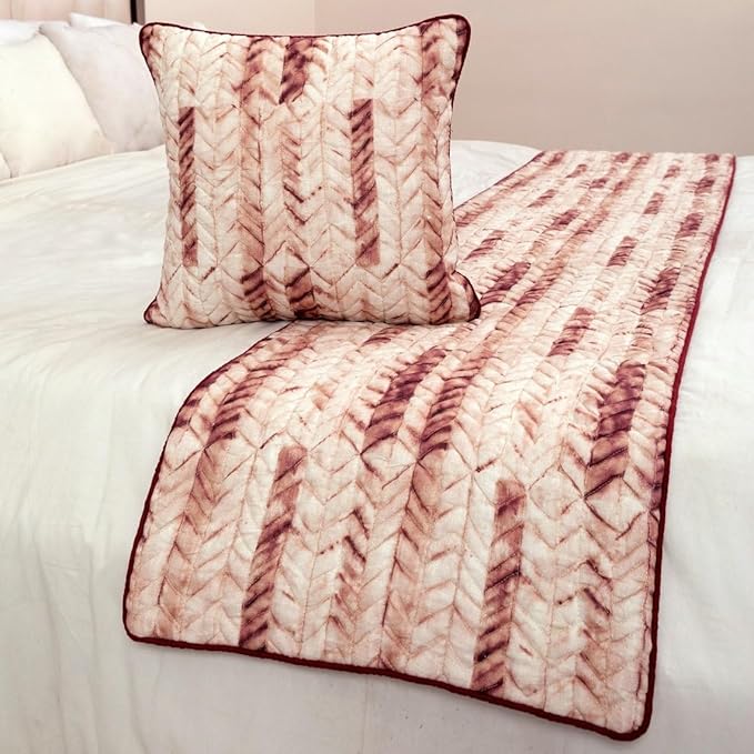 The HomeCentric King/Queen/Twin Maroon & Ivory Decorative Full 68"x18" Bed Runner with 2 Pillow Cover, Tie & Dye, Beaded & Quilted Bed Scarf on Cotton Fabric - Tie Dye Love