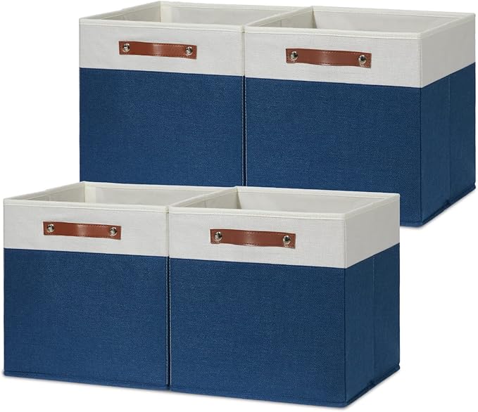 HNZIGE Fabric Storage Cubes Bins for Shelves,13x13 Storage Cubes, Set Of 4 Foldable Cubby Storage Bins for Organizing, Cloth Blue Storage Baskets for Cube Organizer Toy Nursery Shelves(Blue&White)