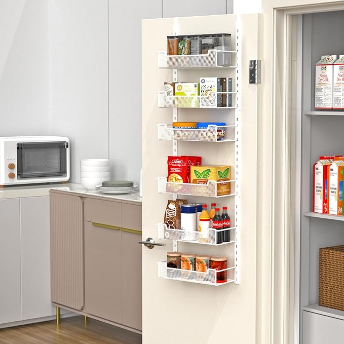 12.3" W Narrow Over the Door Pantry Organizer, 6-Tier Over the Door Organizer with Adjustable Basket, Pantry Door Organization for Pantry Kitchen Storage Room Spice Rack, White