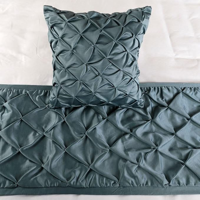 The HomeCentric Designer Blue Full 68 x 18 inch Bed Runner with 2 Pillow Cover Set, Satin Pintucks Bed Scarf, Solid Color Modern - Satin Nights