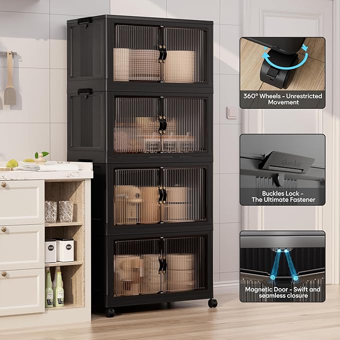 Jalove 88QT Plastic Storage Bins with lids, Stackable Collapsible Storage Containers with Wheels, Closet Organizer and Storage Drawers, Clothes Storage Cabinet for Home Office Garage, 1 Pack Black