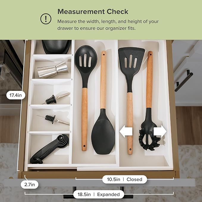 KitchenEdge Adjustable Kitchen Drawer Organizer for Utensils and Junk, Food-Safe Contract Grade with 100% Sustainable Wood, Expandable from 10.5 to 19 Inches Wide - White Bamboo