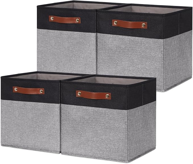 HNZIGE Cube Storage Baskets,Fabric Storage Cubes 12 x 12, Set of 4,Decorative Storage Baskets for Organizing with Handles,Closet Bins for Shelf Organizer Home Toy Nursery Closet(Black Gray)