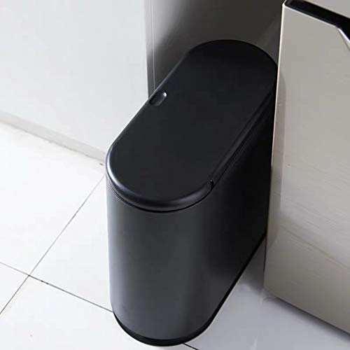 IEEK Plastic Trash Can with Press Top Lid,3.2 Gallon /12 Liter Garbage Can,Black Modern Waste Basket Thin Trash Cans for Bathroom,Kitchen,Living Room,Office and Narrow Spaces