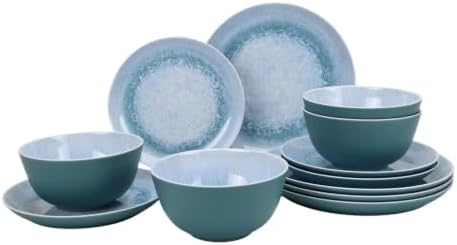 12-Piece Blue Bamboo Melamine Tableware Set, Service For 4, Lightweight Break-Resistant Dinnerware With Plates & Bowls, Dishwasher Safe For Family Meals, Picnics, Camping And RV Use