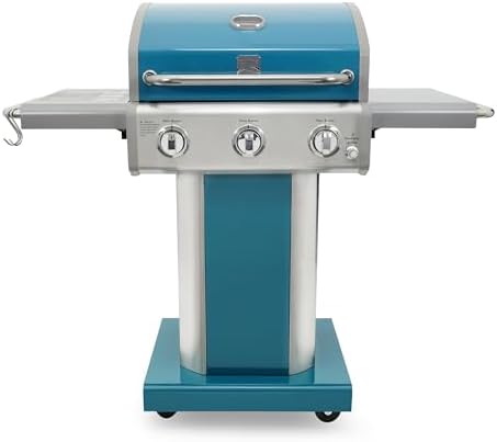 Kenmore 3-Burner Propane BBQ Grill, 30,000 BTUs Gas Grill with Cast Iron Cooking Grates, Folding Side Tables & Wheels, Outdoor Grill with Tool Hooks, Teal
