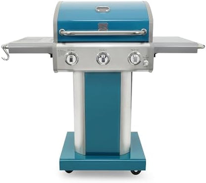 Kenmore 3-Burner Propane BBQ Grill, 30,000 BTUs Gas Grill with Cast Iron Cooking Grates, Folding Side Tables & Wheels, Outdoor Grill with Tool Hooks, Teal