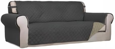 PureFit Reversible Quilted Sofa Cover, Water Resistant Slipcover Furniture Protector, Washable Couch Cover with Non Slip and Elastic Straps for Kids, Dogs, Pets (Sofa, Dark Gray/Beige)
