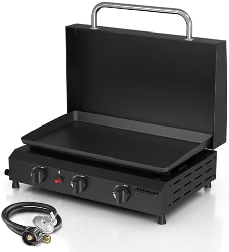 3 Burner BBQ Gas Griddle with Hood, 25.6 Inch Stainless Steel Portable Detachable Propane Griddle, 45,000 BTU Flat Top Barbecue Grill with Lid for Camping
