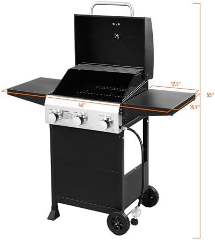 ROVSUN 3-Burner Propane Gas BBQ Grill with Foldable Side Tables & Enameled Cast Iron Grates, 36,000 BTU Barbecue Grill with Portable Wheels for Outdoor Patio Backyard Cooking Grilling, Black