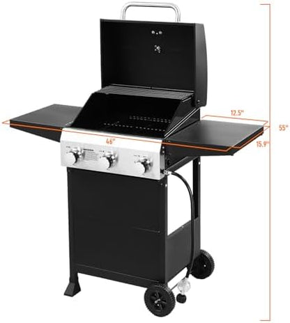 ROVSUN 3-Burner Propane Gas BBQ Grill with Foldable Side Tables & Enameled Cast Iron Grates, 36,000 BTU Barbecue Grill with Portable Wheels for Outdoor Patio Backyard Cooking Grilling, Black