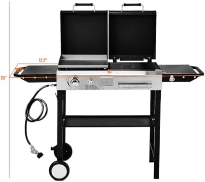 ROVSUN Dual Fuel Propane Gas Grill & Charcoal Grill Combo, 12000 BTU Freestanding Flat Top Griddle & Charcoal BBQ Grill with Ignition, Lids & Portable Cart for Outdoor Backyard Cooking Barbecue