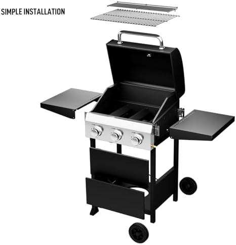ROVSUN 3-Burner Propane Gas BBQ Grill with Foldable Side Tables & Enameled Cast Iron Grates, 36,000 BTU Barbecue Grill with Portable Wheels for Outdoor Patio Backyard Cooking Grilling, Black