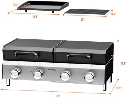 ROVSUN 2-in-1 Propane Gas Grill and Griddle Combo with Lid, 4 Burner Tabletop Flat Top Griddle & Grill with 40000BTU Output, Auto Ignition, Enamel Grate for Outdoor Backyard BBQ Cooking
