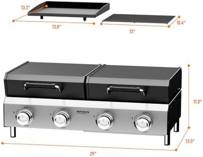 ROVSUN 2-in-1 Propane Gas Grill and Griddle Combo with Lid, 4 Burner Tabletop Flat Top Griddle & Grill with 40000BTU Output, Auto Ignition, Enamel Grate for Outdoor Backyard BBQ Cooking