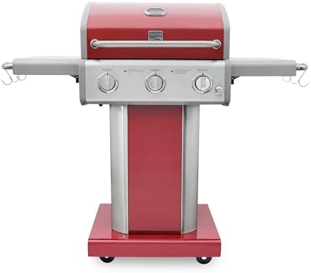 Kenmore 3-Burner Outdoor BBQ Grill | Liquid Propane Barbecue Gas Grill with Folding Sides, PG-A4030400LD-RD, Pedestal Grill with Wheels, 30000 BTU, Red