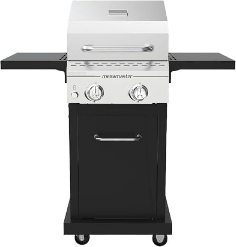 Megamaster Deluxe 2 Burner Gas Grill, Compact Design with Foldable Shelves
