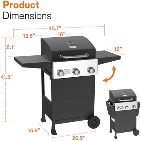 Veralune 3 Burner Propane Gas Grill, 36,000 BTUs Stainless Steel Grill