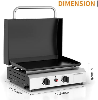 2 Burner BBQ Gas Griddle with Hood, 17.3 Inch Stainless Steel Portable Detachable Propane Griddle, 30,000 BTU Flat Top Barbecue Grill with Lid for Camping
