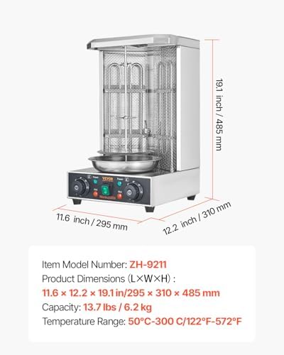 VEVOR Shawarma Grill Machine, 122°F-572°F, 13lbs Capacity, Chicken Shawarma Cooker Machine with 2 Burners, Stainless Steel, Electric Vertical Broiler Gyro Rotisserie Oven for Home and Commercial Use
