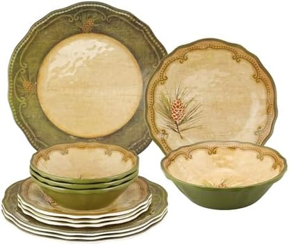 UP 12 Piece Woodland Pinecone Melamine Dinnerware Sets, Outdoor Dishes Set, Plates and Bowls Sets, Service for 4, Dark Green