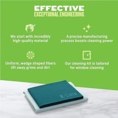 E-Cloth Window Cleaning Cloth - Eco Packaging - Glass Cleaning Cloth, Streak-Free Windows with Just Water, Microfiber Towel Kit for Windows, Car Windshield, Mirrors - Winter Green - 2pack