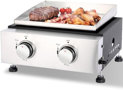 2-Burner Portable Tabletop Gas Griddle Grill with Stainless Steel Cooking Surface - Includes Protective Cover & Regulator, for Camping, Tailgating, Outdoor Cooking