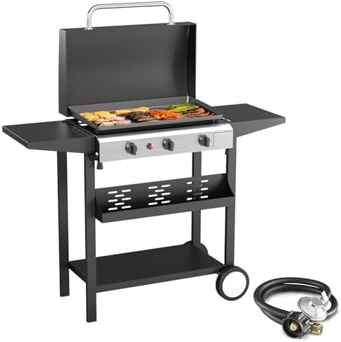SKOK Propane Gas Griddle with Hood - Flat Top Grill with Standing Cart