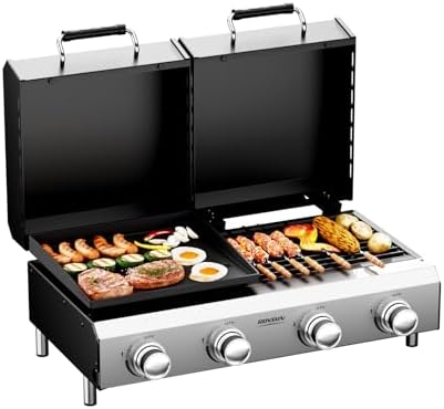 ROVSUN 2-in-1 Propane Gas Grill and Griddle Combo with Lid, 4 Burner Tabletop Flat Top Griddle & Grill with 40000BTU Output, Auto Ignition, Enamel Grate for Outdoor Backyard BBQ Cooking