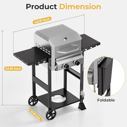Electactic 16,000 BTU 2-Burner Propane Gas Grill, Stainless Steel BBQ Grill with Enameled Cast Iron Grates, Foldable Side Tables, Convertible to Tabletop Design, Barbecue Grill for Patio, Tailgates