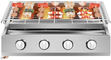 4 Burners BBQ Gas Grill, 22" Stainless Steel 4 Burners Adjustable Height Portable Tabletop LPG Grill with Removable Oil Catch Tray, Barbecue Grill for Camping, Tailgating, Outdoor Cooking
