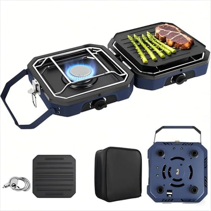 Adjustable 2-Burner Portable Stove with 16000 BTU, with Camping Grill and Carrying Bag, Portable Propane Camp Stove with 2 Burners & Piezo Ignition for Camping, Backyard BBQ,Tailgating (Blue)