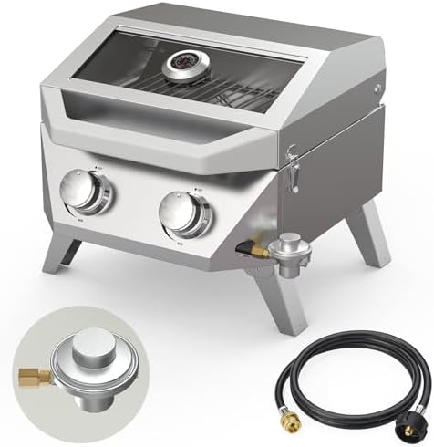 BESTFIRE 2-in-1 Portable Propane Grill, 20,000 BTU 2-Burner Tabletop Gas Grill for Camping & RV, Stainless Steel BBQ with Viewing Glass Lid, Thermometer & Dual-Gas Connection