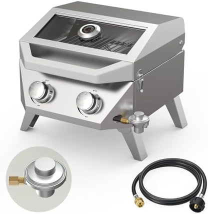 BESTFIRE 2-in-1 Portable Propane Grill, 20,000 BTU 2-Burner Tabletop Gas Grill for Camping & RV, Stainless Steel BBQ with Viewing Glass Lid, Thermometer & Dual-Gas Connection