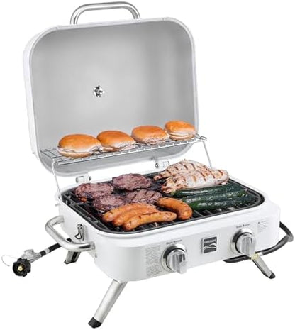 Kenmore Portable Propane Gas Grill - Tabletop BBQ Grill with Warming Rack, 2 Stainless Steel Burners with 14,000 BTUs, for Outdoor Kitchen, Camping, Pearl