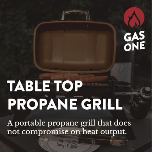 GasOne Tabletop Propane Grill – Portable Grill Propane with Heat Resistant Handles, Large Cooking Surface – User Friendly Temperature Control Knob Portable Gas Grill for RV, Camping, Home – Tan Brown