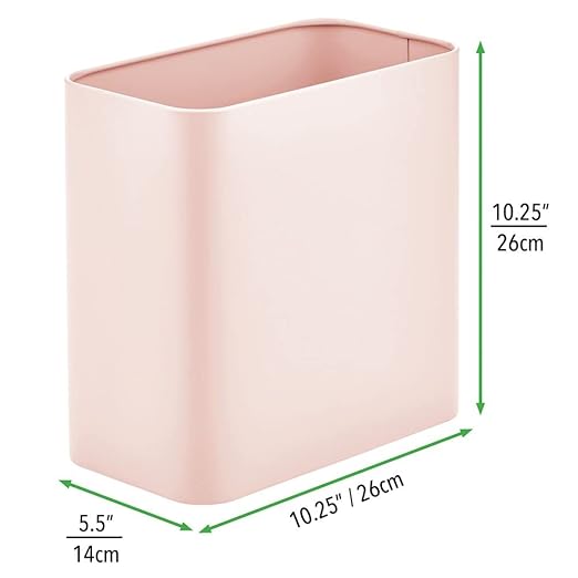 mDesign Metal Wastepaper Bin — Compact Rectangular Bathroom Bin — Rubbish Basket for Home and Office — Light Pink