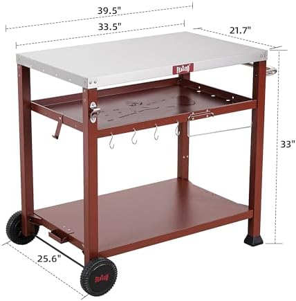 Feasto 3-Shelf Pizza Oven Table, Outdoor Grill Cart, 33.5" x 21.7", Red