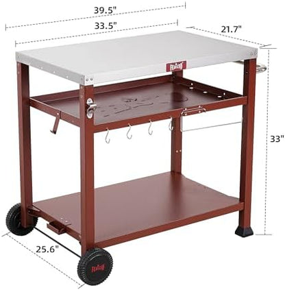Feasto 3-Shelf Pizza Oven Table, Outdoor Grill Cart, 33.5" x 21.7", Red