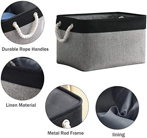 Organization and Storage Bins for Shelves - 16x12x8 inch Large 3 Pack Fabric Storage Cubes Collapsible Baskets for Shelves with Rope, Storage Basket for Organizing Cloth Laundry (Black & Grey)