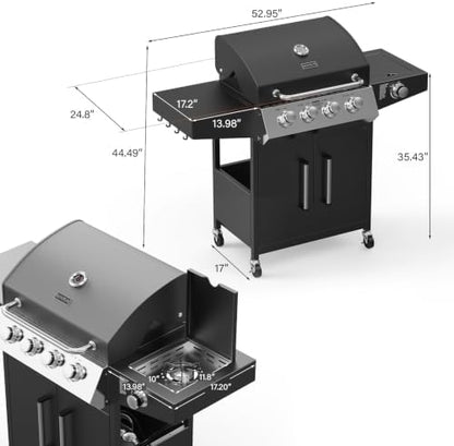ROVSUN 4 Burner Propane Gas Grill with Side Burner, 58,000BTU BBQ Grills with Enameled Cast Iron Grates, Shelf & Cabinet for Outdoor Garden Patio Backyard Barbecue Cooking