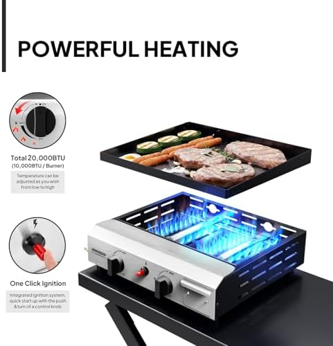 ROVSUN 2 Burner Foldable Propane Griddle with Wheels & Enameled Tray, 20000 BTU Portable Flat Top Gas Grill with Electronic Ignition & Regulator for Outdoor Cooking Camping BBQ Tailgating Picnicking