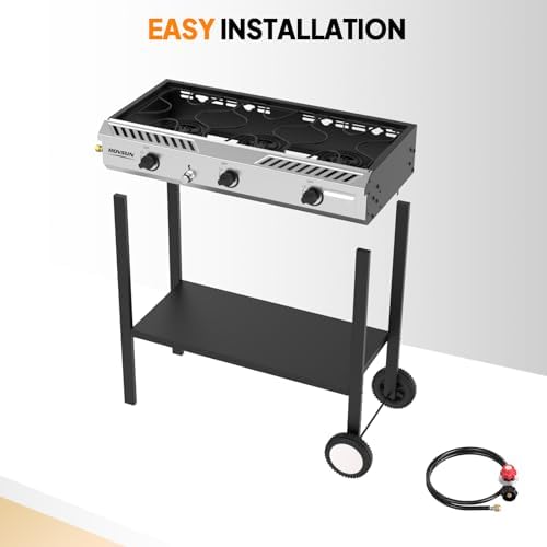 ROVSUN 3 Burner Propane Stove with Auto Ignition, 225,000 BTU Gas Stove with Storage Shelf, Rolling Wheels & Regulator for Home Outdoor Backyard Camping Cooking Frying Brewing Canning