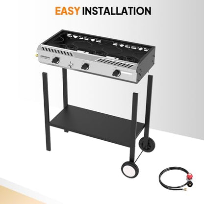 ROVSUN 3 Burner Propane Stove with Auto Ignition, 225,000 BTU Gas Stove with Storage Shelf, Rolling Wheels & Regulator for Home Outdoor Backyard Camping Cooking Frying Brewing Canning