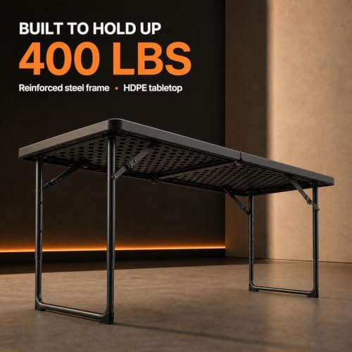 4FT Folding Table, 2 Pack Height with Built in Handle, Heavy Duty Fold-in-Half Portable Table, 400 lbs Capacity Foldable Table for Party Dining Camping Events Picnic Outdoor Indoor Use