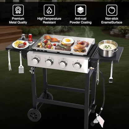 Propane Gas Griddle 4-Burner, Flat Top Grill Griddle, Outdoor Gas Stove with Foldable Side Tables, Wheels - 40,000 BTUs Output, 291 sq.in Cooking Area, for Patio Barbecue, Backyard, BBQ
