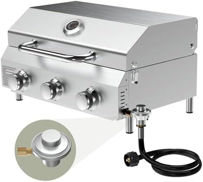 Bestfire 3-Burner Tabletop Propane Gas Grill with Dual Connections, 30,000 BTU Portable Propane Grill Fits Large Cylinders & Small Canisters, Knobs, Compact Design for Camping, RV, BBQ