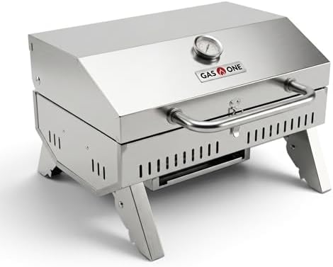 GasOne Portable Propane Grill – 18-inch Stainless Steel Tabletop Grill – Tabletop Gas Grill with Heat Control and Built-In Thermometer – Large Cooking Area – Ideal for Outdoor, Camping, Travel, RV