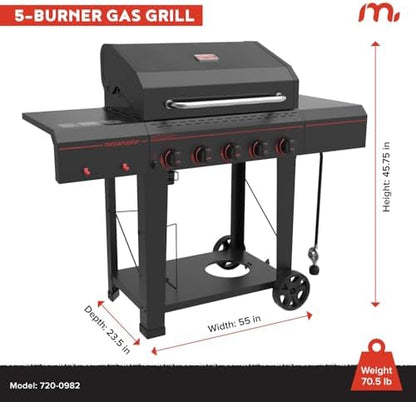 Megamaster Cart 5 Burner Gas Grill, Side Tables with Accessory Hooks, Black