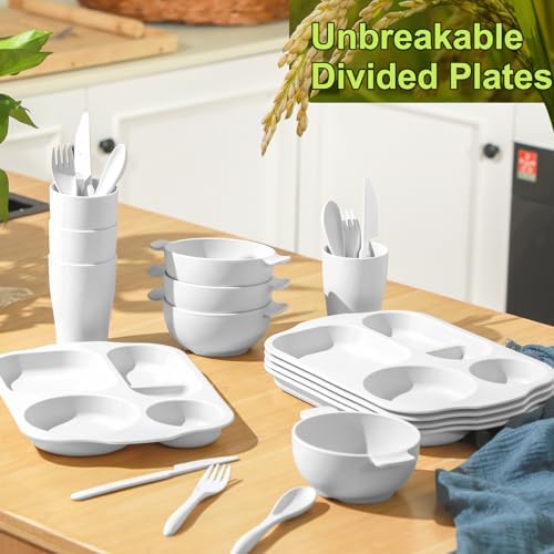 Honoson 24pcs Wheat Straw Dinnerware, Unbreakable, White
